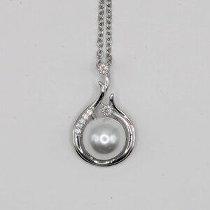Elegant Sterling Silver Pearl & Cubic Zirconia Teardrop Necklace